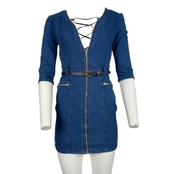 strapless open back dress Sadie Light Wash Denim Rhinestone Ruffle Open Back Skater Mini Dress S / Light Wash main image 1